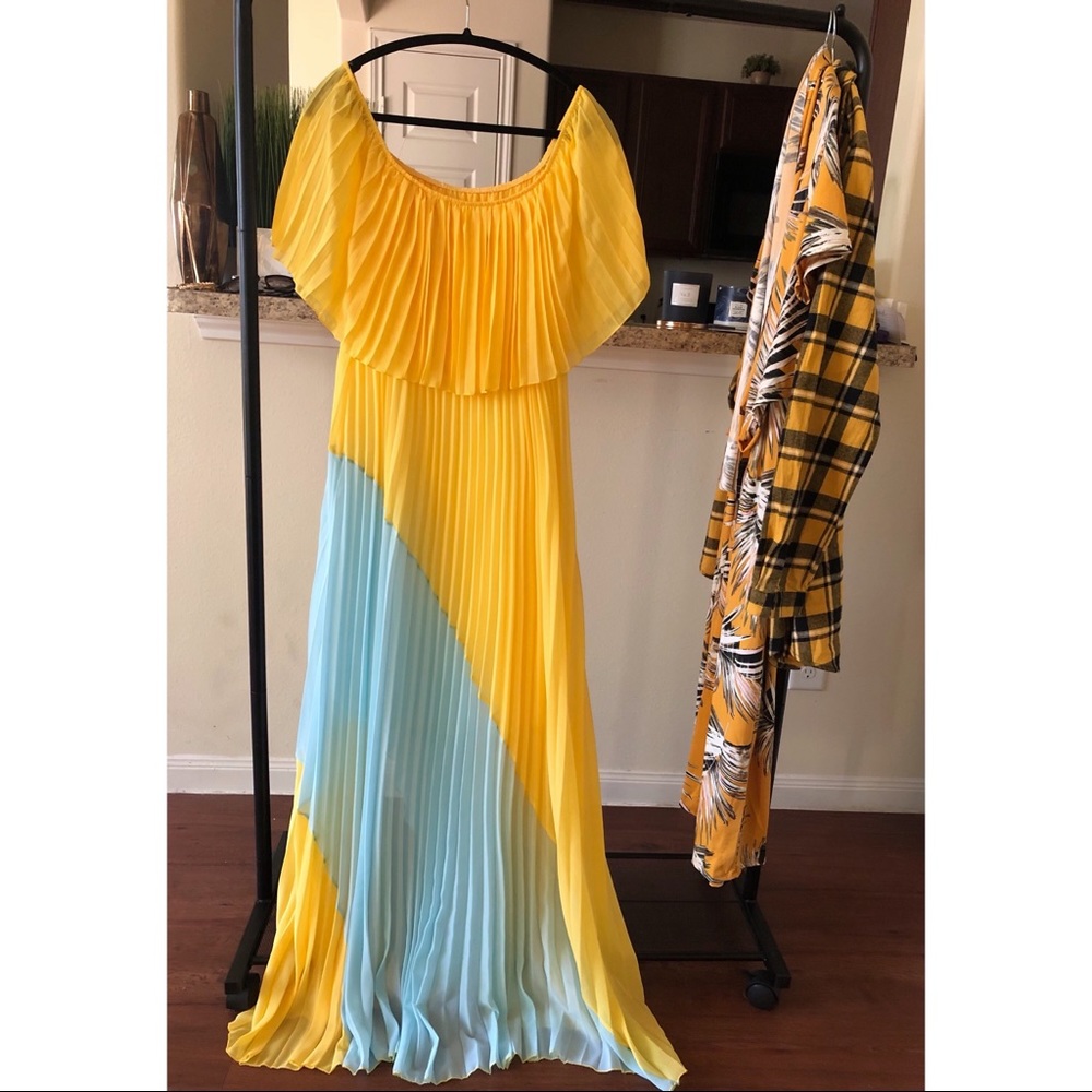 Pastel Yellow and Blue Accordion Style Maxi Dress